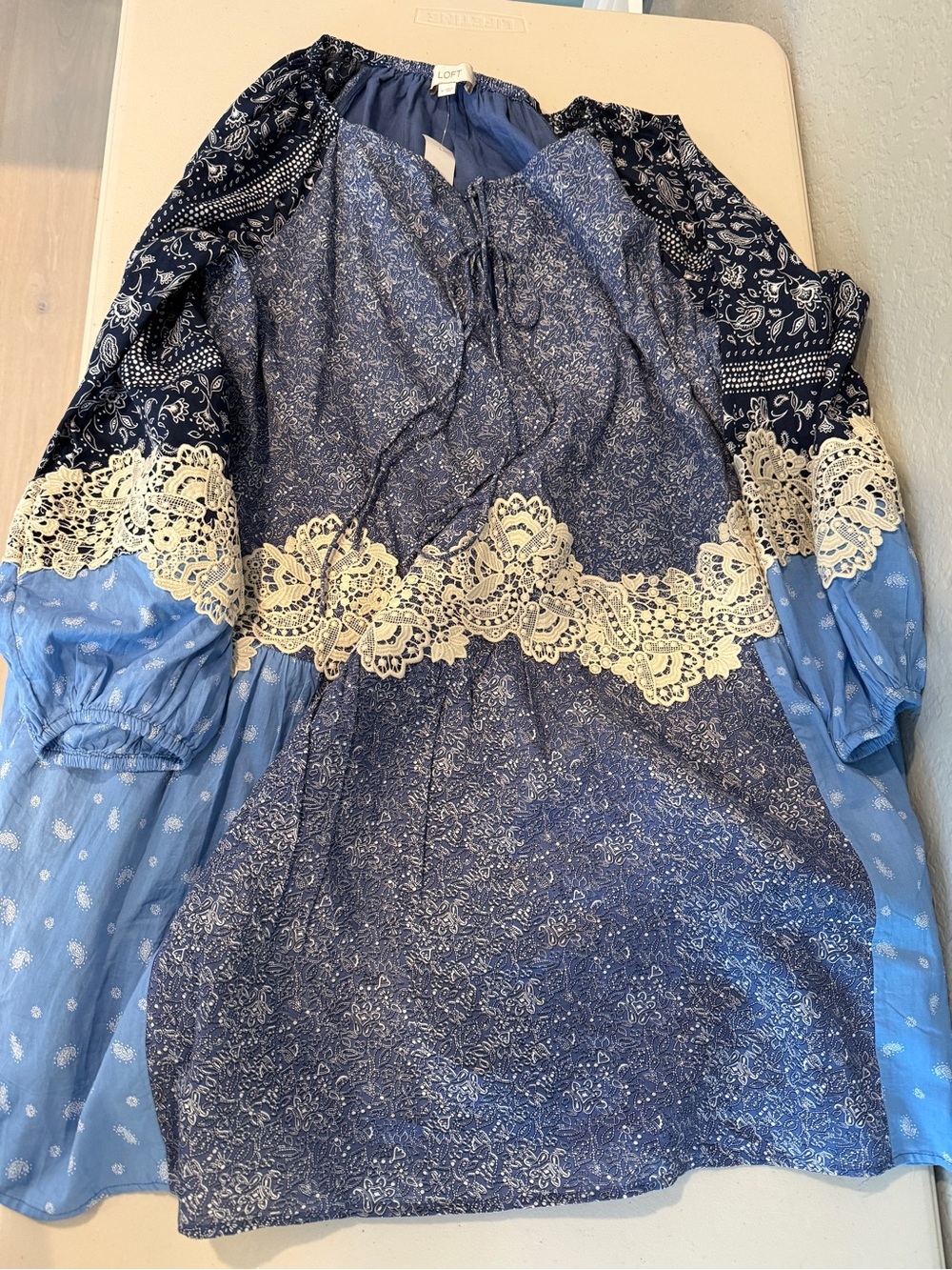 LOFT Navy and Light Blue Lace-Trim Peasant Dress